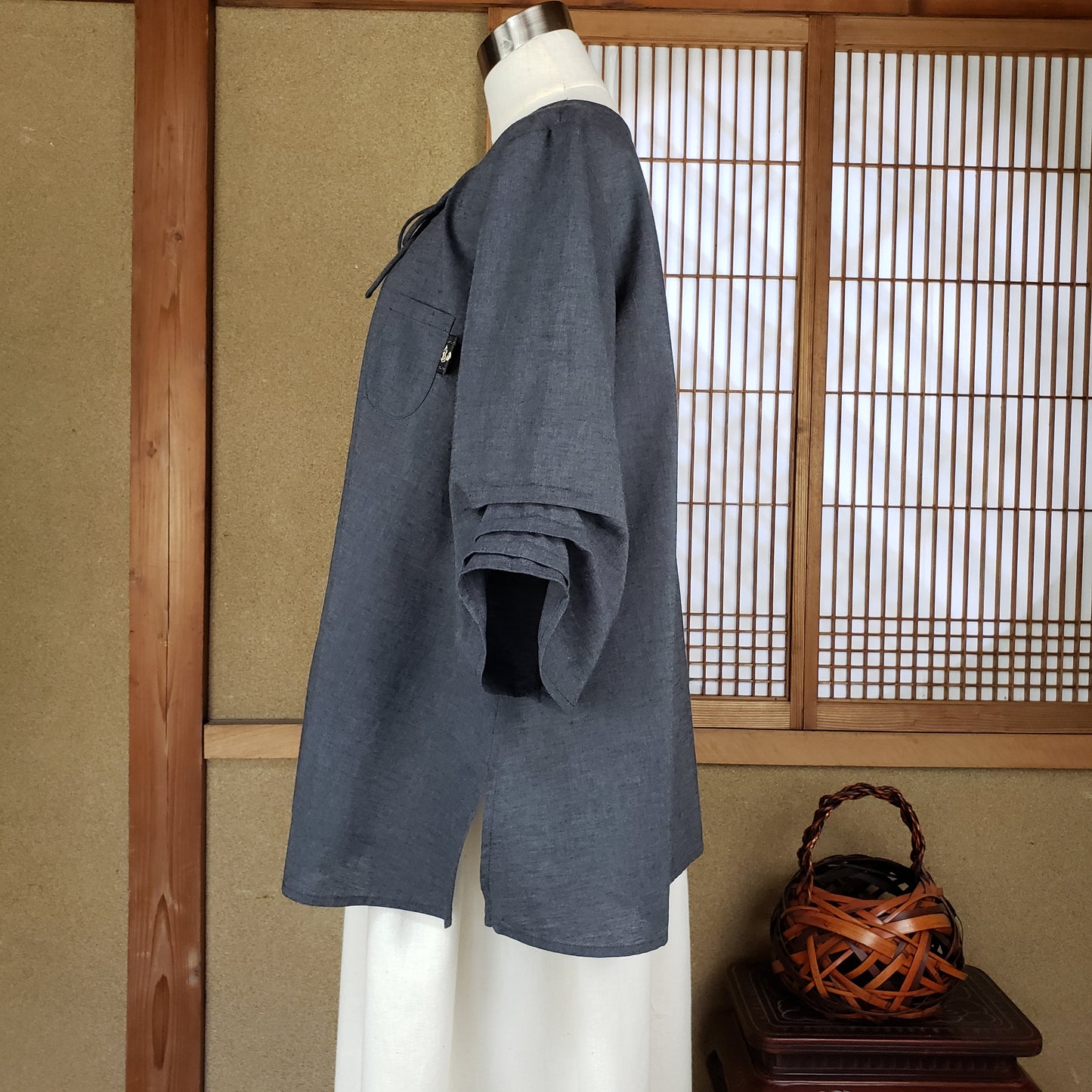 819 袖タックチュニック 薄地無地グレー