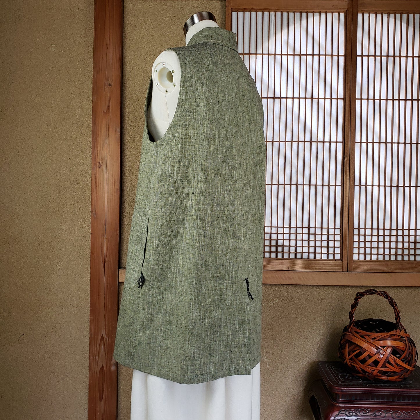 22036 ループボタンロングチュニック 綿つむぎ普通地 黄色