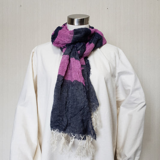亀田縞　からみ織オーガニックコットンストール　ロング　紺と貝紫のボーダー