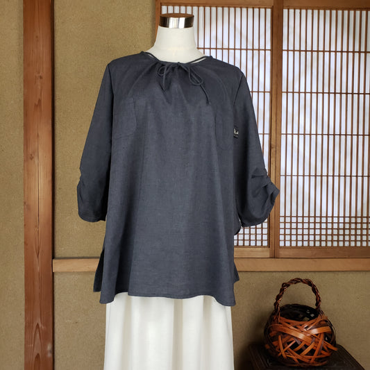 819 袖タックチュニック 薄地無地グレー