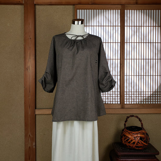 819 袖タックチュニック 薄地無地ベージュ