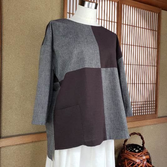 22035 切り替えチュニック 普通地茶と霜降りベージュ