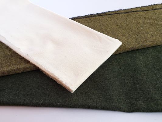 亀田縞　綿織物　薄地　無地　緑　カラシ　キナリの3パターン